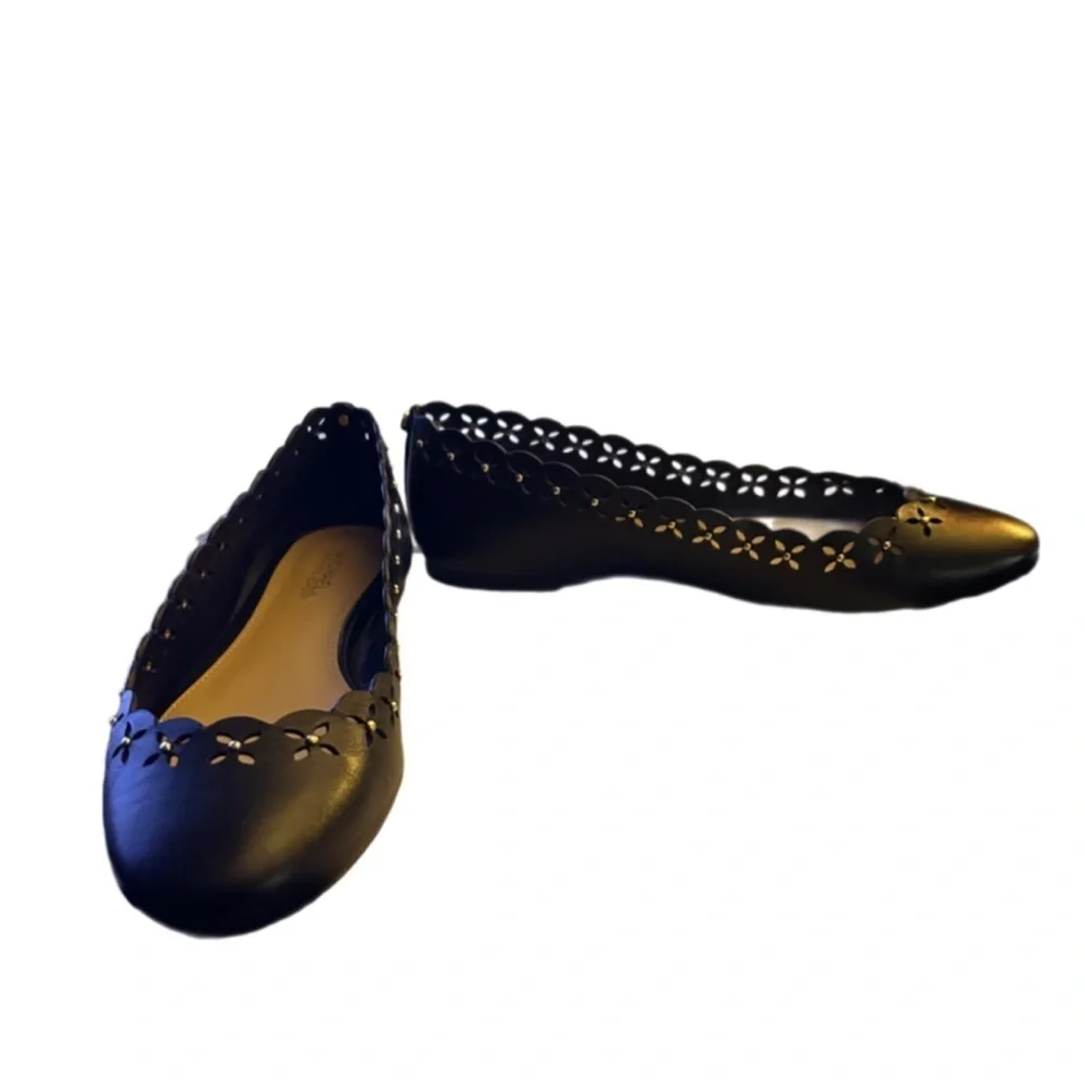 Michael Kors Thalia Black Leather Gold Stud Floral Ballet Flats, NWOT, Size 6